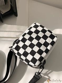 BirdinBag - Mini Checkered Print Crossbody Bag - Stylish & Versatile Phone Purse for Women & Girls White Square Canvas Bag For School, White Casual Box Bag With Adjustable Strap, Casual Square Phone Bag With Adjustable Strap, Casual White Box Bag With Adjustable Strap, Casual Square Box Bag With Adjustable Strap, Casual Square Shoulder Bag With Zipper Closure, Casual Square Shoulder Bag With Zipper, Casual Square Shoulder Bag For School, White Rectangular Pouch With Adjustable Strap