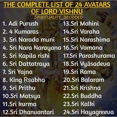 the complete list of 24 avatars of lord visshu