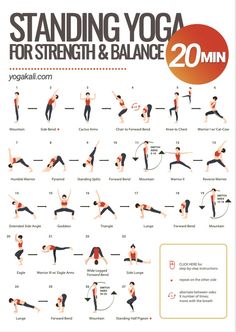 the poster shows how to do standing yoga for strength and balance in 20 mins