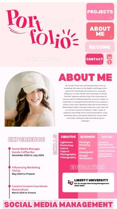 a pink and white resume template for a social media manager or executive, with an image of a woman's face in the center