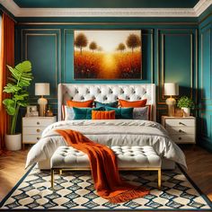 a bedroom decorated in teal and orange with white bedding, rugs, lamps, and paintings on the walls