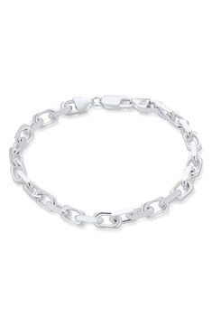 Instantly elevate any ensemble with this polished chain bracelet with flat and round edges for added intrigue. Lobster-clasp closure Sterling silver Imported Modern Bracelets With Box Chain And Chain Link, Classic Chain Bracelet With Round Solid Links, Classic Round Chain Bracelet With Solid Links, Silver Metal Paperclip Bracelet For Formal Occasions, Formal Silver Metal Paperclip Bracelet, Modern Oval Link Metal Bracelet, Modern Charm Bracelet With Cable Chain Links, Classic Metal Bracelets With Cable Chain, Classic Silver Chain Link Bracelet