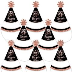 Everyone will be in the mood to celebrate New Year's Eve when they are wearing a new year resolution mini party hat. This set of 8 party accessories is a great addition to your event and is sure to get everyone smiling! Rose Gold Happy New Year small party hat is perfectly themed and has a festive star at the top. Be sure to have your camera ready because these mini party hats are going to give you some great New Year's Eve photos! Color: Multicolor. New Years Eve Party Hat, New Years Party Hats, New Years Hat, Favor Boxes Birthday, Birthday Party Treats, New Year's Eve Party, Glitter Print, Happy Year, Gold Party