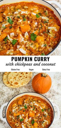 pumpkin curry with chickpeas and coconut served in a white casserole dish