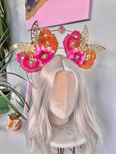 🧡 Stunning, unique layered pink and orange halo crown, with butterflies, flowers and jewels.  On a super comfortable headband 🧡 Pink Crown-shaped Headband For Party, Pink Crown Headband For Party, Whimsical Headpieces For Festivals And Parties, Whimsical Festival Headpieces For Parties, Whimsical Festival Party Headpieces, Multicolor Headband For Carnival, Adjustable Pink Headpiece For Costume Party, Summer Carnival Headband Headpieces, Multicolor Carnival Headband