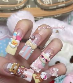 Rilakkuma Nails, Cute Kawaii Nails, Gyaru Nails, Kawaii Nail Art, Junk Nails, Cute Acrylic Nail Designs, Pretty Gel Nails, Really Cute Nails, Soft Nails