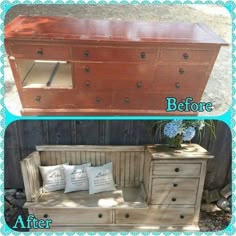 an old dresser turned into a bench