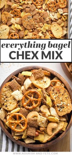 a bowl full of chex mix with the words everything bagel in it and an image