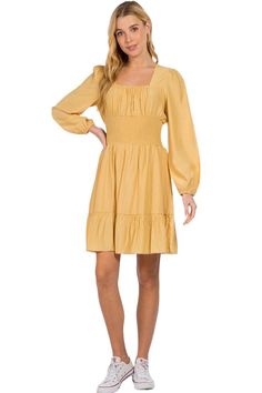 Dress up your weekday or weekend looks with this Smocked Waist Square Neck Dress from Iconic Luxe. This puff long sleeve mini dress adds plenty of style to your closet. Made of soft, light fabric for all-day comfort, this pullover dress will keep you feeling your best no matter what the day has in store. Pair it with sandals, wedges or block heels and carry a clutch in hand for a complete look. 100% Polyester Imported Pull On closure Featuring: square neckline, long bishop sleeves with elastic , smocked waist, tiered skirt, mini length Suit for: work, street wear, daily wear, date night, movie night, Sunday brunch, farmers market, vacation, traveling, running errands, special occasions, barbeque party, wedding, baby shower, bridal shower Season: spring, summer, fall winter Model is 5’9” an Girls Accesories, Barbeque Party, Night Movie, Weekend Looks, Plus Jumpsuit, Winter Model, Sandals Wedges, Puff Long Sleeves, Square Neck Dress