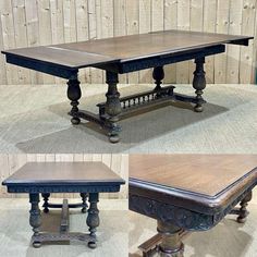 three different views of an old fashioned dining table with wood top and turned down legs