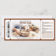 a ticket for pottery class with a potter's wheel