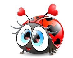 a cartoon ladybug with big eyes and hearts on its head, isolated on a white background