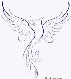 a drawing of a bird with wings and swirls on it's back side