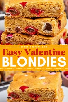 Nothing says Valentine's Day dessert recipes like Valentine Blondie Cookie Bars! These bars are the easiest, chewy, and chocolatey treat filled with colorful M&Ms. Perfect for a sweet surprise, these bars are fun to bake and even more fun to eat! Blondies Cookies, Easy Red Velvet, Red Velvet Desserts, Valentines Day Desserts, Chocolate Dessert Recipes, Cookie Bar Recipes, Valentines Day Treats, Strawberry Desserts, Bars Recipe