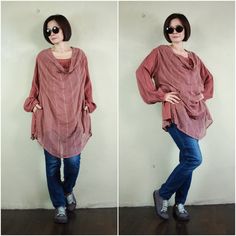 "SALE from $45 ...NOW $30 USD # No refund/ No return for any sale items# -------------------------------------------------------------- A soft comfy chic boho long sleeve tunic blouse. Dusty terra cotta tunic blouse featuring double layer bodyม cowl neck and long sleeve styling, tunic length and loose fit wearing design. Material: 100% light double gauze cotton , 100% net cotton Model is 160 cm. tall with low waist of 27\" and the hip of 37\" Status: ready to ship Weight: 337g Measurement: top ( Bohemian Relaxed Fit Tops For Fall, Relaxed Fit Bohemian Top For Fall, Casual V-neck Tunic For Fall, Bohemian Tunic Tops For Fall, Oversized Long Sleeve Bohemian Blouse, Oversized Bohemian Long Sleeve Blouse, Bohemian Cotton Blouse For Layering, Free Size Long Sleeve Blouse For Spring, Bohemian Long Sleeve Winter Tops