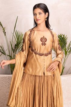 Golden beige kurta with placed sequin embroidered front and back. Paired with a matching lehenga and dupatta with laced border. - Aza Fashions Matching Lehenga, Beige Kurta, Kurta Lehenga, Lehenga Pattern, Lehenga Dupatta, Buy Gold, Embroidered Silk, Set For Women, Aza Fashion