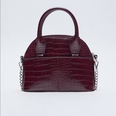 Zara Mini Bowling Bag With Animal Embossed Exterior. Metal Chain And Zip Closure. Brand New With Tags Trendy Zara Bags With Zipper Closure, Zara Leather Bag With Chain Strap, Zara Shoulder Bag With Chain Strap, Zara Bags With Chain Strap For Daily Use, Trendy Zara Satchel Bag, Trendy Zara Bag With Double Handle, Burgundy Crossbody Bag With Chain Strap, Burgundy Leather Bag With Chain Strap, Zara Purse