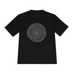 a black t - shirt with words written in white on the front, and an image of