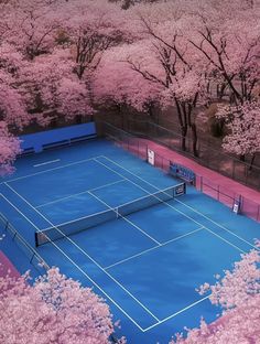 an aerial view of a tennis court surrounded by cherry blossom trees