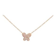 Natural Pink Diamond Butterfly Motif Pave Cluster Pendant Necklace, gracefully nestled in 18K Solid Rose Gold. Fixed on a strong integrated cable chain and lobster closure. The cluster has a mix of white and pink-toned diamonds.  This pendant necklace features 18k rose gold and round brilliant cut natural Fancy Pink Diamonds in a pave setting, radiating a pink and rose gold hue that shines on all skin tones.    100% waterproof and hypoallergenic. Ideal for daily wear and extremely giftable. Fits most neck sizes comfortably. The stones are expertly and securely set to ensure they remain in place, preserving their immaculate charm without any risk of loosening or denting.  Item Details: - Type: Pendant Necklace  - Metal: 18K Rose Gold  - Setting: Pave  - Closure: Lobster - Chain Length: 18 i Rose Gold Diamond Necklace With Cable Chain As Gift, Rose Gold Diamond Necklace With Cable Chain, Pink Cubic Zirconia Diamond Necklace As Gift, Pink Cubic Zirconia Diamond Necklace For Gift, Pink Diamond Dainty Necklace, Dainty Pink Diamond Necklace, Pink Diamond Necklace As Gift, Pink Diamond Necklace Gift, Pink Diamond Necklace For Gift