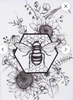 a drawing of a bee and sunflowers