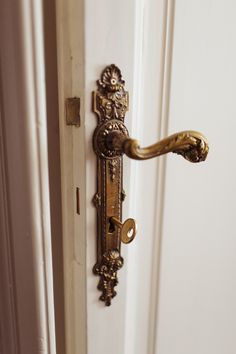 an ornate door handle on a white door