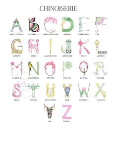 the alphabet is made up of letters and numbers in pink, green, and white