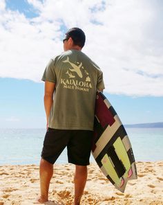 a man holding a surfboard on top of a sandy beach next to the ocean