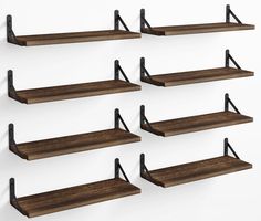 six wooden shelves with metal brackets on each shelf