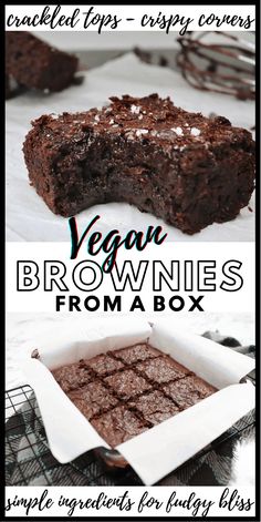 chocolate brownies in a box with text overlay that says vegan brownies from a box