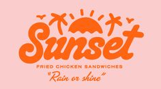 the logo for sunset fried chicken sandwiches, with an orange sun and palm trees in the background