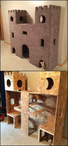 two pictures showing the inside and outside of a cat house