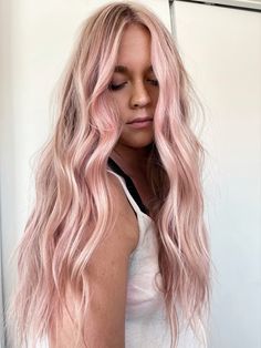 Pink And Platinum Blonde Hair, Pale Pink And Blonde Hair, Dusty Pink Blonde Hair, Pink Hair For Summer, Pink Hair Balayage Blonde, Blonde Hair With Pink Extensions, Light Pink Halo Hair, Pearly Pink Hair, Light Pink In Blonde Hair