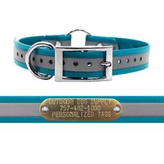 a dog collar with a personalized tag on the front and side of its collar