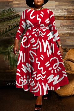 Fisdy - Elegante Plus Size Casual Print Basic O Neck Long Dress for Women Modest Dress Plus Size, Materials Gown Style, Plus Size Long Dresses, Long Dress Plus Size, Long African Dresses, Afrikaanse Mode, Morning Cartoon, African Maxi Dresses