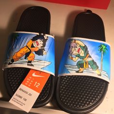 These Slides Were A Customers Request And They Came Out So Good That I Wanted To Sell More Of Them. I’m Sure Any Dbz Fans Remember This Classic Scene. Fuuuusion -Haa! Nike Open Toe Sneakers, Nike Slides With Round Toe And Rubber Sole, Nike Shoes Custom, Sliders Shoes, Nike Slippers, Sketch Images, Custom Shoes Diy, Air Shoes, Shoes Diy