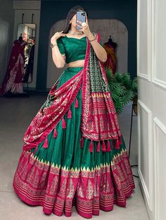 Buy Green Foil Work Silk Festival Wear Lehenga Choli From Ethnic Plus Modern Rajasthani Outfits, Chaniya Choli Duppata Style For Navratri, Rajasthani Lehenga Choli Dresses, Green Choli Lehenga, Navratri Special Chaniya Choli, Silk Chaniya Choli Designs, Chaniya Choli Dupatta Style, Navratri Duppata Style, Garba Chaniya Choli Traditional