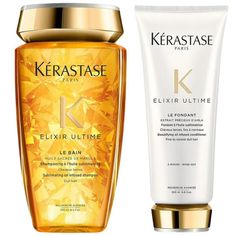 The Kérastase Elixir Ultime Le Bain Sublimating Oil Infused Shampoo and Fondant Beautifying Oil Infused Conditioner Duo Set is meticulously crafted to rejuvenate normal to dry, dull hair. This set includes an 8.5 oz shampoo and a 6.8 oz conditioner, both enriched with luxurious camellia and argan oils. Designed to activate shine, control frizz, and enhance overall hair health, this duo transforms your hair into a radiant, smooth masterpiece.