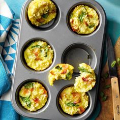 an egg muffin tin filled with different types of breakfast foods