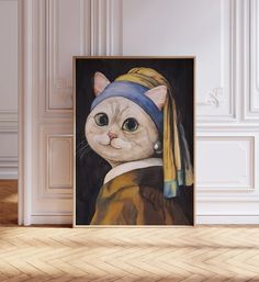 a painting of a cat with a pearl earring on it's head is shown in an empty room