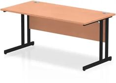 a rectangular desk with black legs and a light colored top, viewed from the front