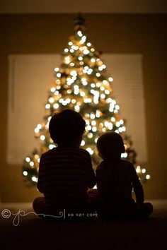 two children sitting in front of a christmas tree with the lights on and one child looking at it