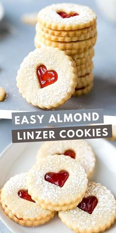 some cookies with jelly on them and the words easy almond linzer cookies