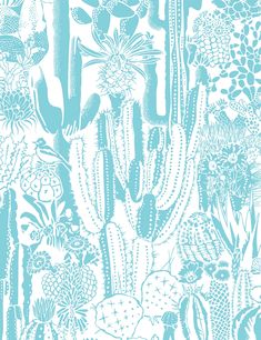 a blue and white wallpaper with cactuses