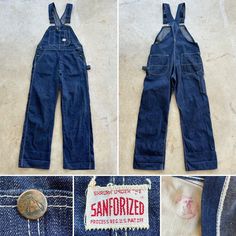 "For your consideration Original vintage 1950s era men's denim bib overalls SHRUNK UNDER THE SANFORIZED PROCESS REG U.S. PATENT OFF. 100% cotton Made in USA Stamped on inside Maybe a wash or two .. minimal fading .. minimal soiling .. no holes .. still dark in color .. loose threading along hammer pocket .. unrolled creasing at leg openings .. looks like this was purchased from the local hardware store back in the day Two waist pockets Two back pockets Two button waist closure Adjustable shoulde Carpenter Overalls, Utility Jeans, Mens Overalls, Bib Overalls, Dark Indigo, Hardware Store, Guys Be Like, Threading, Metal Buttons