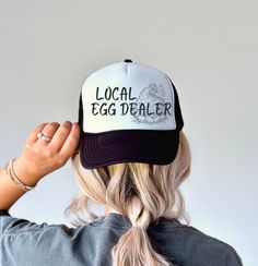 Local Egg Dealer Hat for Chicken Lover Local Egg Dealer Trucker Hat Farm Girl Cap Funny Snapback Country Girl Farmer Hat Adjustable Chick This Egg Dealer Trucker Hat stands out for its playful yet practical design, serving as a humorous nod to the world of chicken farming and egg selling. With its adjustable snapback feature, it offers a comfortable fit for both chicken moms and dads alike, making it a versatile accessory for anyone involved in the farming community. Whether you're actually runn Letter Print Hat With Short Brim, Cute Flat Brim Hat One Size, Casual Mini Hat With Short Brim For Gifts, Casual Mini Hat With Short Brim As Gift, Spring Brimmed Hat With Letter Print, Spring Trucker Hat As Gift, Black Hats For Spring Gifts, Black Hat For Spring Gift, Adjustable Hats With Letter Print