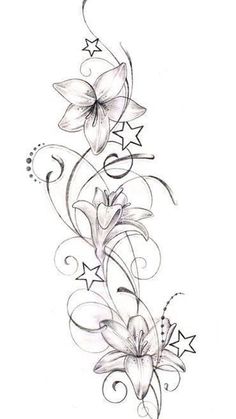 a drawing of flowers with stars and swirls on the bottom half of their arm