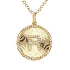 This 14K gold necklace features a radiating finish coin with a diamond set initial that catches the light with every turn. Add an elegant touch to any outfit with this exquisite piece. Item Information Metal: 14k Gold Dimensions: Bail: 5mm Pendant: 15mm Length: 16"+1"+1" Diamond Information Carat Weight: 0.12-0.14 Diamond Coin Pendant Necklace, Gold Diamond Necklace With Initials In Fine Jewelry Style, Luxury Yellow Gold Monogram Initial Necklace, Luxury Tarnish Resistant Coin Necklace, Luxury Yellow Gold Initial Necklace With Diamond Accents, White Gold Diamond Initial Necklace, Gold Diamond Round Coin Necklace, Gold Diamond Necklace With Initials, Gold Elegant Initial Necklace With Coin Pendant