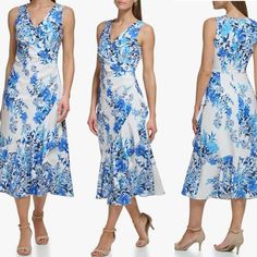 Eliza J Sleeveless V-Neck Midi Dress Womens 4 White Blue Floral Vacation New Brand New Size: 4 Check Photos For Measurements. #750,524 Blue V-neck Sleeveless Dress For Spring, Eliza Dress, Eliza J Dresses, V Neck Midi Dress, Eliza J, Blue Floral, New Color, White Blue, Blue White