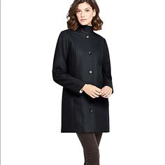 Lands End Coat Size 12 Black Classic Black Pea Coat With Stand Collar, Black Outerwear With Concealed Placket For Fall, Black Stand Collar Outerwear For Office, Fitted Black Wool Coat With Stand Collar, Black Wool Coat With Stand Collar For Work, Red Puffer Vest, Red Puffer, Long Wool Coat, Pink Bodycon Dresses